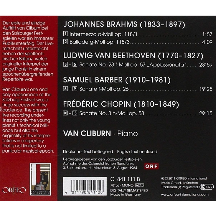 Van Cliburn 베토벤: 피아노 소나타 23번 / 쇼팽: 피아노 소나타 3번 외 (Beethoven: Piano Sonata No .23 in F minor 'Appassionata' / Chopin: Piano Sonata No. 3 in B minor, Op. 58)