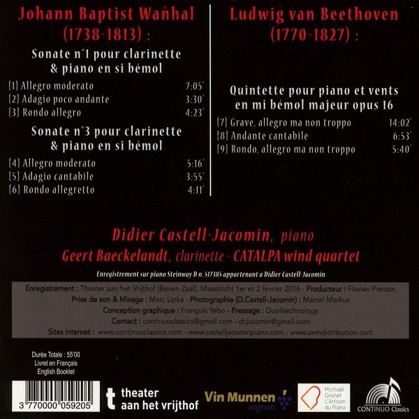 Didier Castell-Jacomin 반할: 클라리넷 소나타 1, 3번 / 베토벤: 목관과 피아노를 위한 오중주 (Vanhal: Sonates pour Clarinette et Piano / Beethoven: Quintette) 디디에 카스텔-자코맹