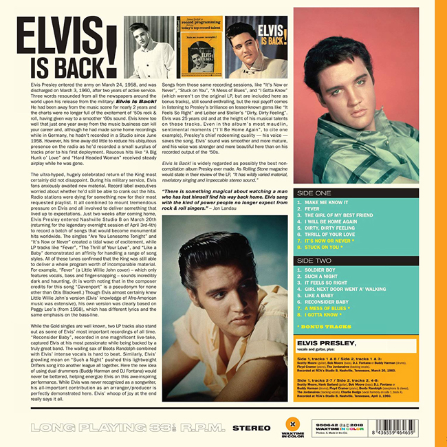 Elvis Presley (엘비스 프레슬리) - Elvis Is Back! [오렌지 컬러 LP]