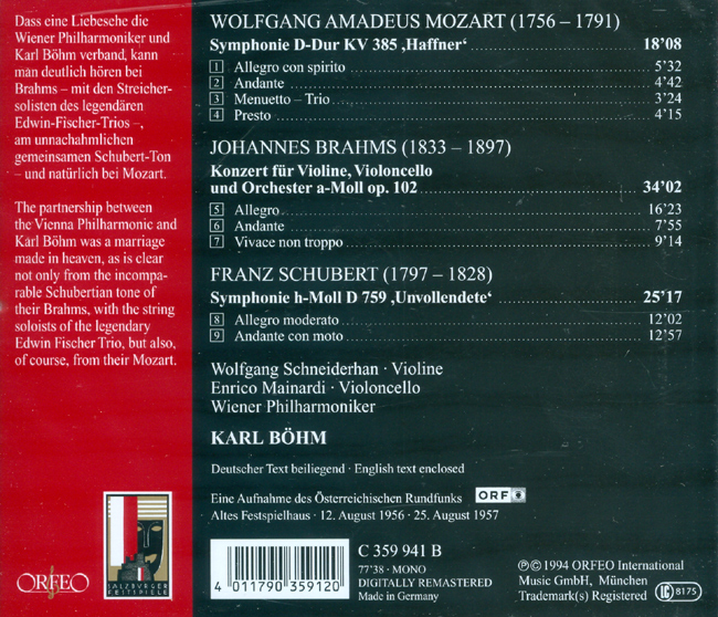Karl Bohm 모차르트: 교향곡 35번 `하프너` / 브람스: 이중 협주곡 / 슈베르트: 미완성 교향곡 - 칼 뵘