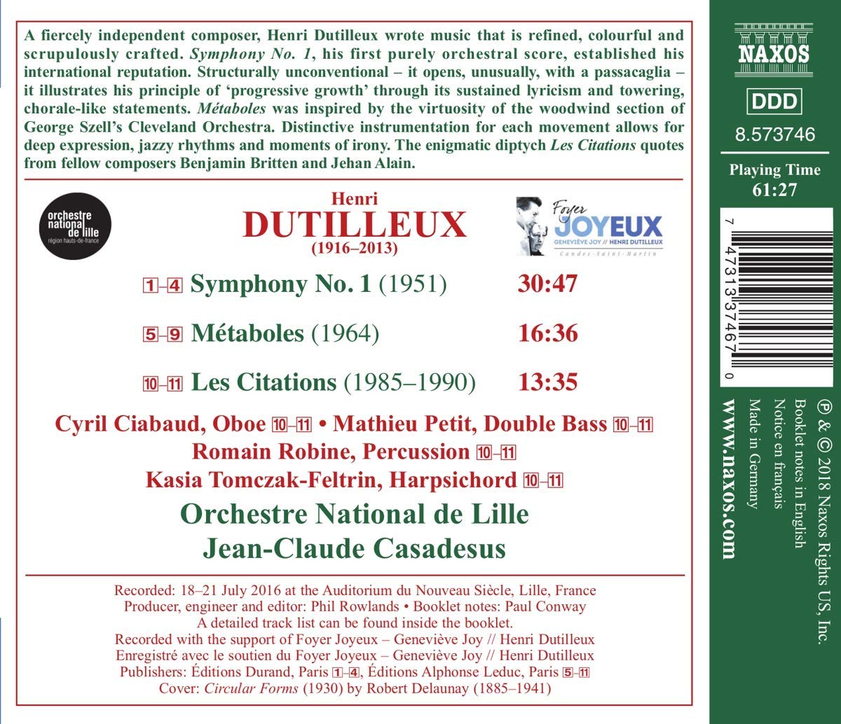 Jean-Claude Casadesus 뒤티외: 교향곡 1번, 메타볼 & 레 시타시옹 (Dutilleux: Symphony No.1, Metaboles & Les citations) 장-클로드 카바도쉬