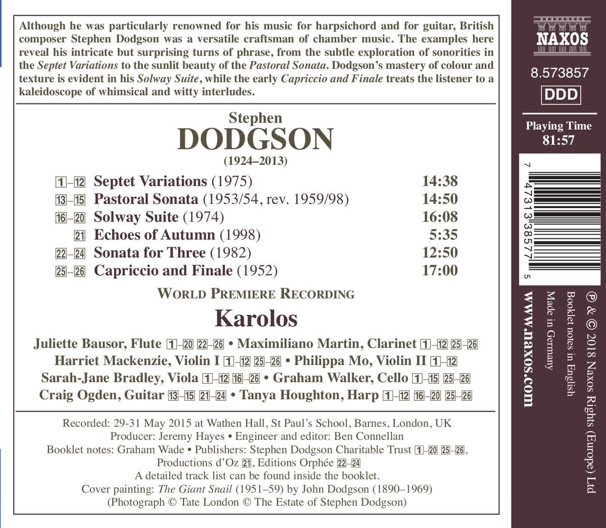 Karolos 스티븐 도지슨: 하프와 기타 실내악 작품집 (Dodgson: Chamber Music with Harp and Guitar) 카롤로스