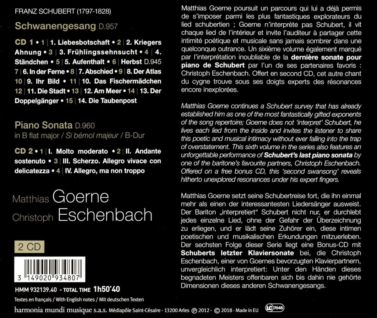 Matthias Goerne 슈베르트: 가곡 6집 - 백조의 노래, 가을, 피아노 소나타 (Schubert: Lieder Vol.6 - Schwanengesang, Piano Sonata, D.960) 마티아스 괴르네