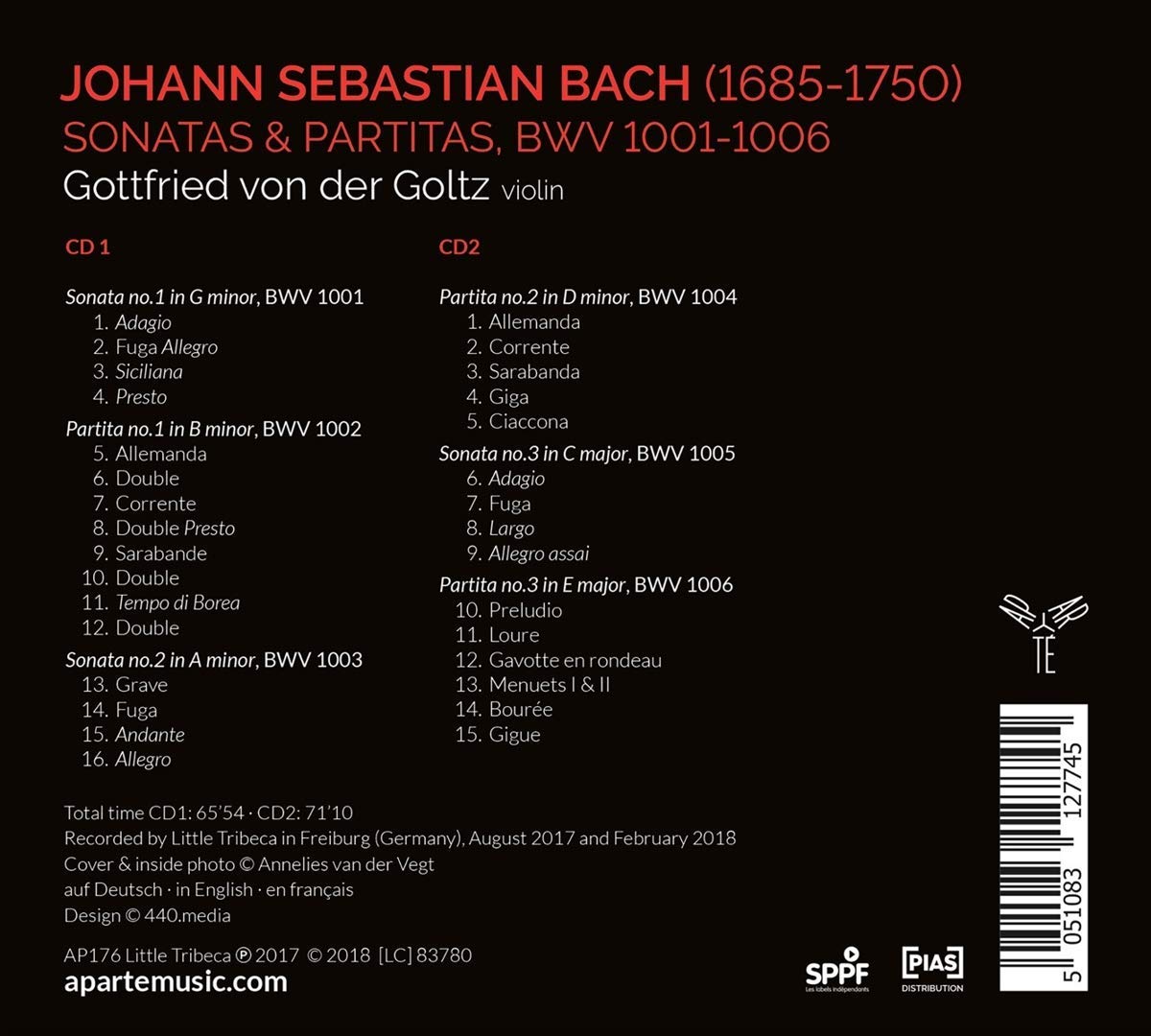 Gottfried Von Der Goltz 바흐: 무반주 바이올린 소나타와 파르티타 전곡 (Bach: Sonatas & Partitas For Solo Violin, Bwv1001-1006) 고트프리트 폰 데어 골츠