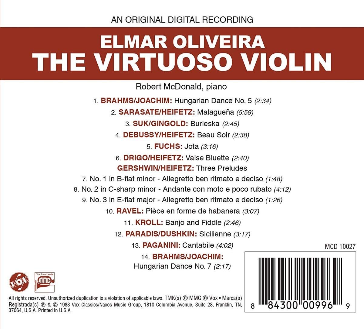 Elmar Oliveira 엘마 올리베이라 바이올린 연주집 - 브람스 / 사라사테 / 드뷔시 / 거슈윈 (The Virtuoso Violin) 
