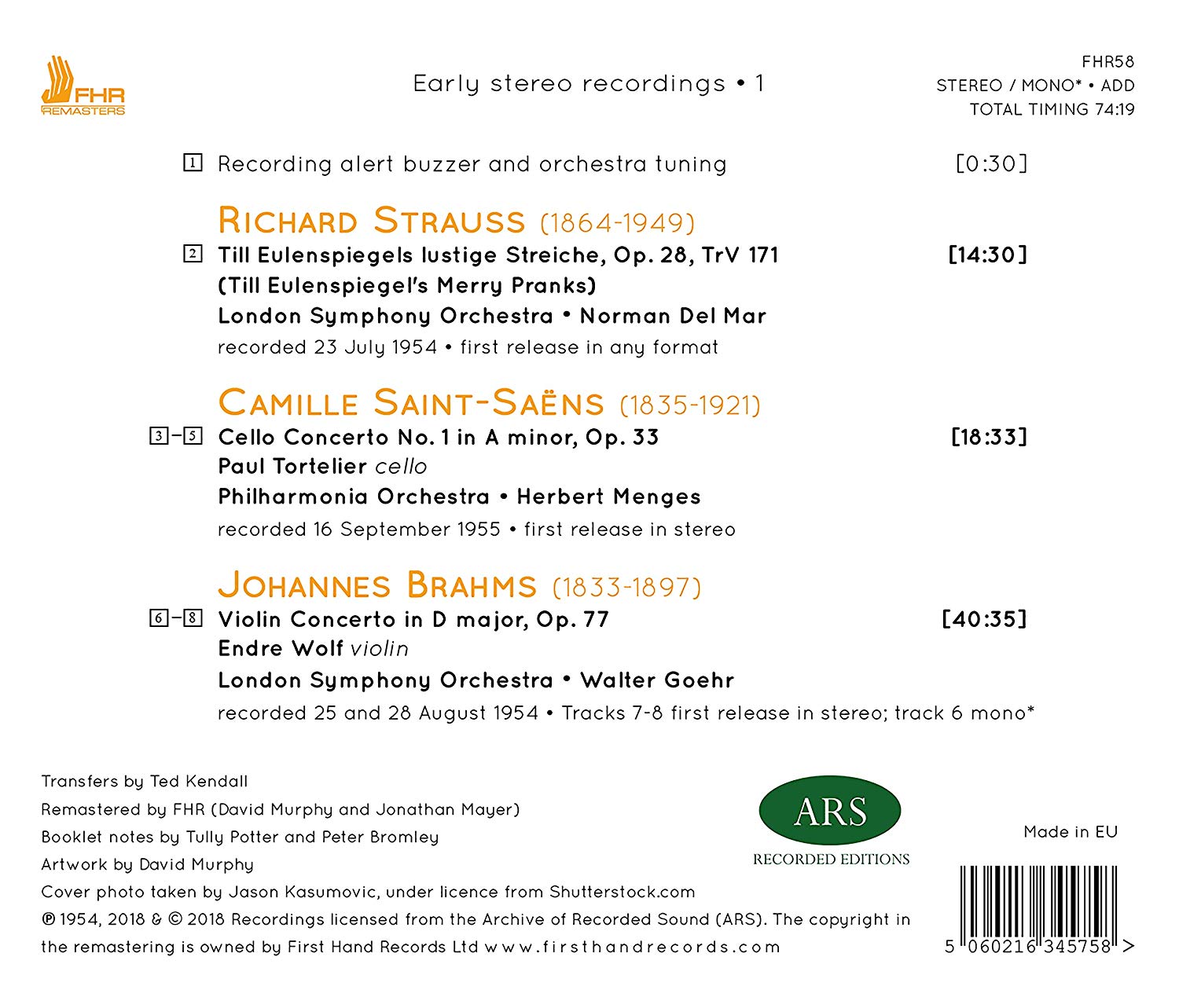 Paul Tortelier 슈트라우스: 틸 오일렌슈피겔의 유쾌한 장난 / 생상스: 첼로 협주곡 / 브람스: 바이올린 협주곡 (Early Stereo Recordings - R. Strauss, Saint-Saens & Brahms) 폴 토르틀리에
