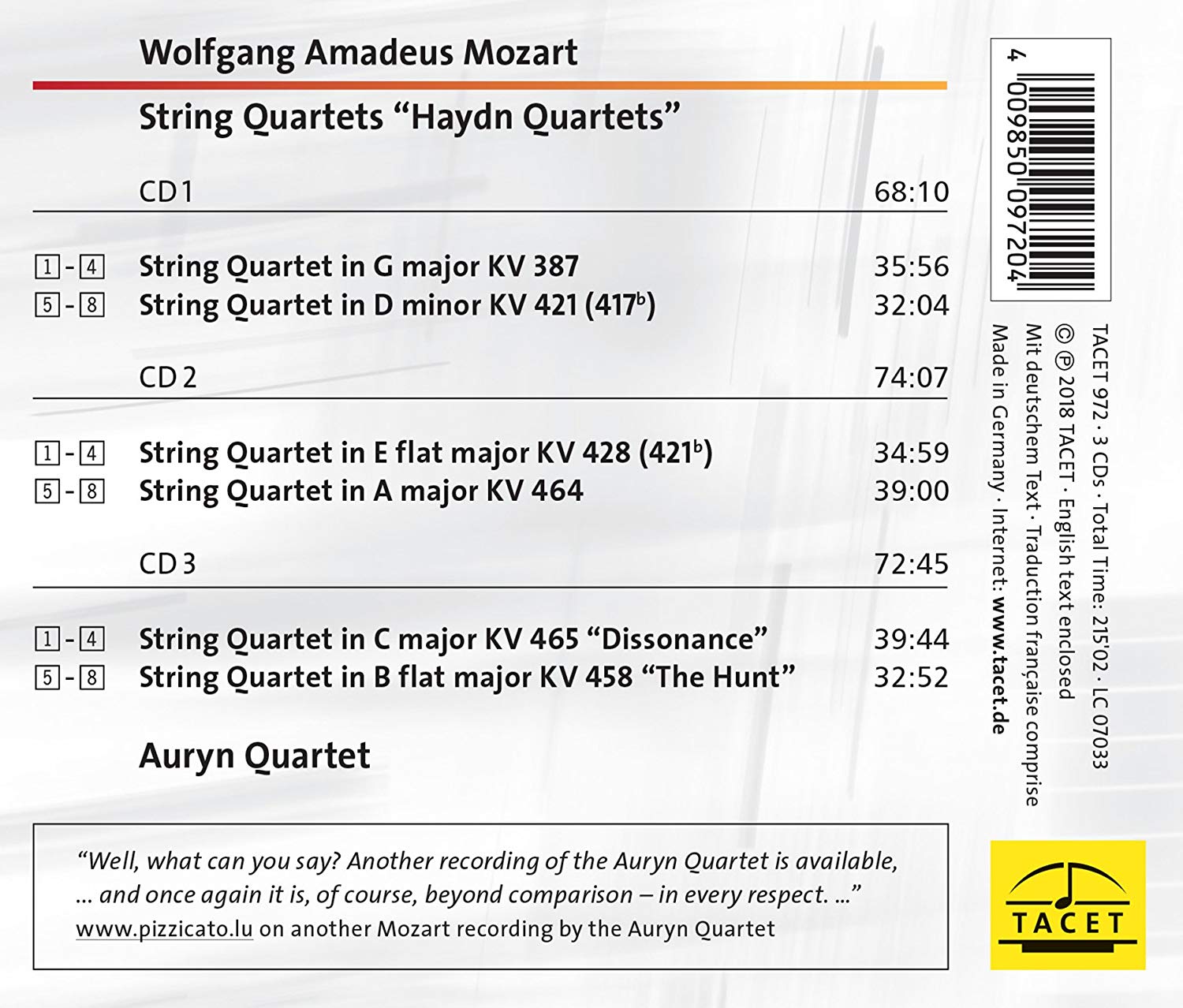 Auryn Quartet 모차르트: '하이든' 현악 사중주 (Mozart: 'Haydn' String Quartets KV 387,421,428,464,465,458)