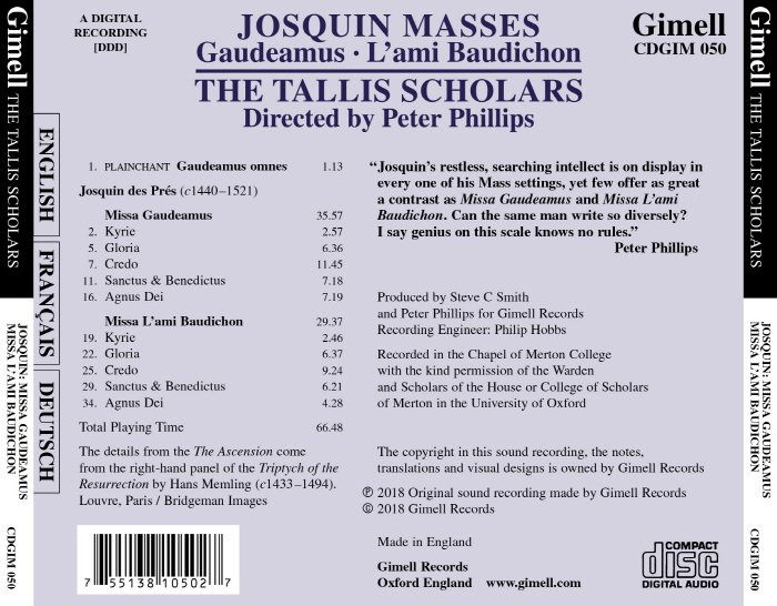 The Tallis Scholars 조스캥 데 프레: 미사 전곡 7집 - 가우데아무스, 미사 라미 보디숑 (Josquin des Pres: Masses - Gaudeamus, L'ami Baudichon)