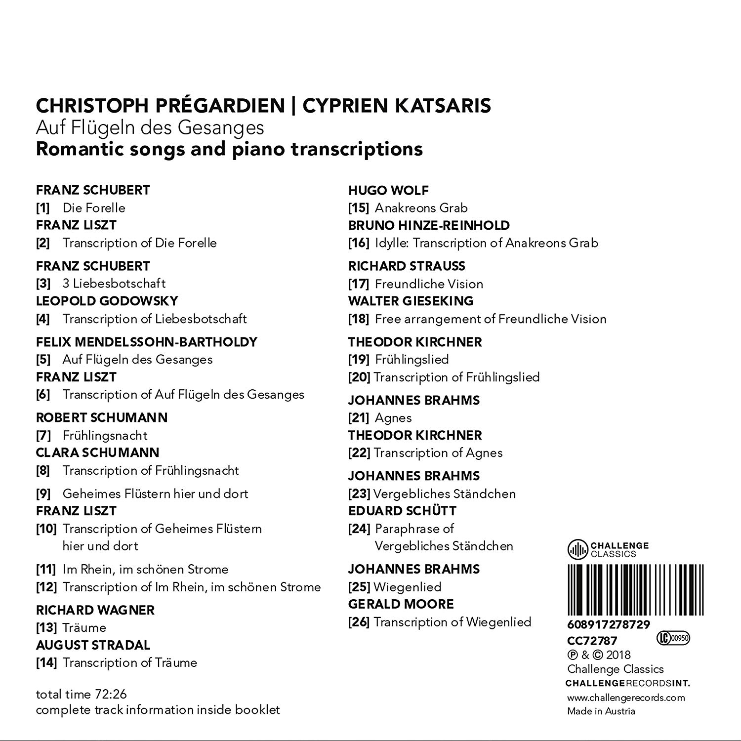 Christoph Pregardien / Cyprien Katsaris 낭만주의 가곡과 피아노 편곡집 (Auf Flugeln des Gesanges - Romantic Songs & Transcriptions)