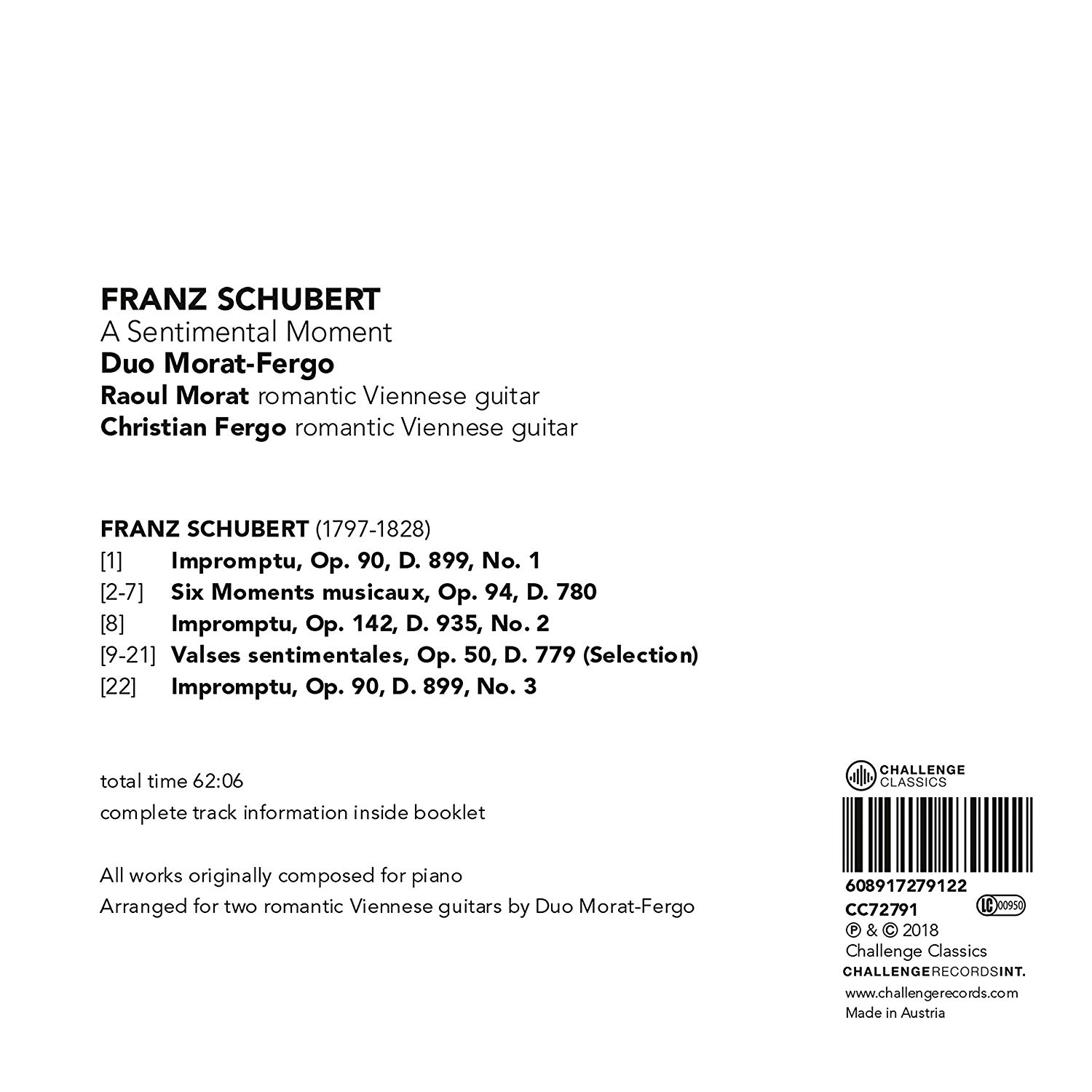 Duo Morat-Fergo 슈베르트: 두 대의 낭만시대 빈 기타로 연주하는 즉흥곡, 악흥의 순간, 감상적인 왈츠 외 (Schubert: A Sentimental Moment)