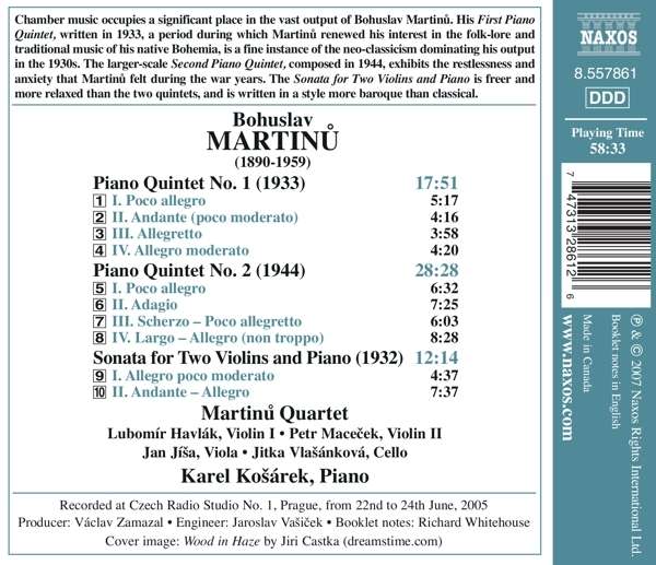 Martinu Quartet 마르티누 : 피아노 오중주, 2대의 바이올린과 피아노를 위한 소나타 (Martinu: Piano Quintets Nos. 1 & 2)