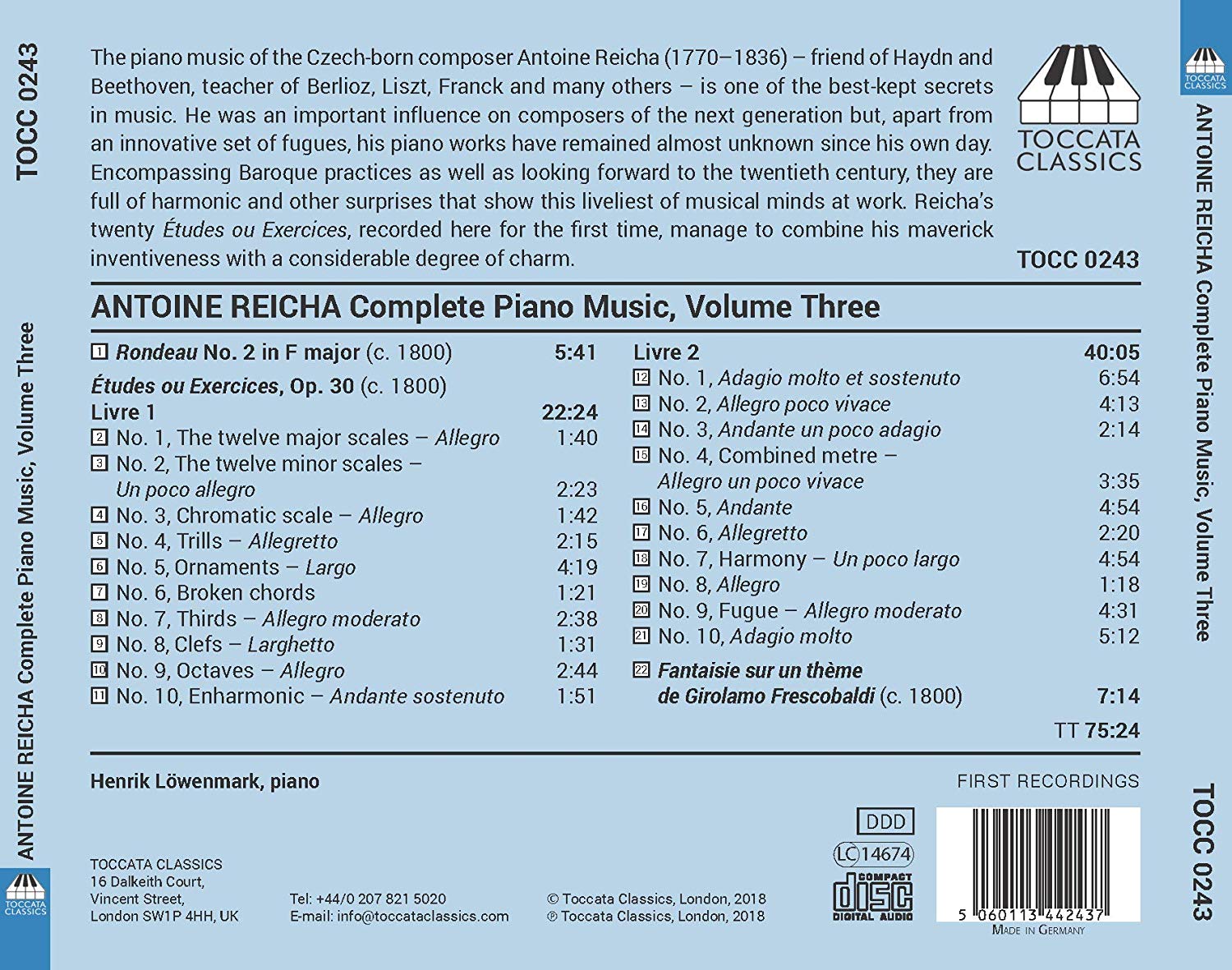 Henrik Lowenmark 안톤 라이하: 피아노 작품 전곡 3집 - 론도, 연습곡, 환상곡 (Antoine Reicha: Complete Piano Music Vol.3 - Rondeau, Etudes, Fantaisie)