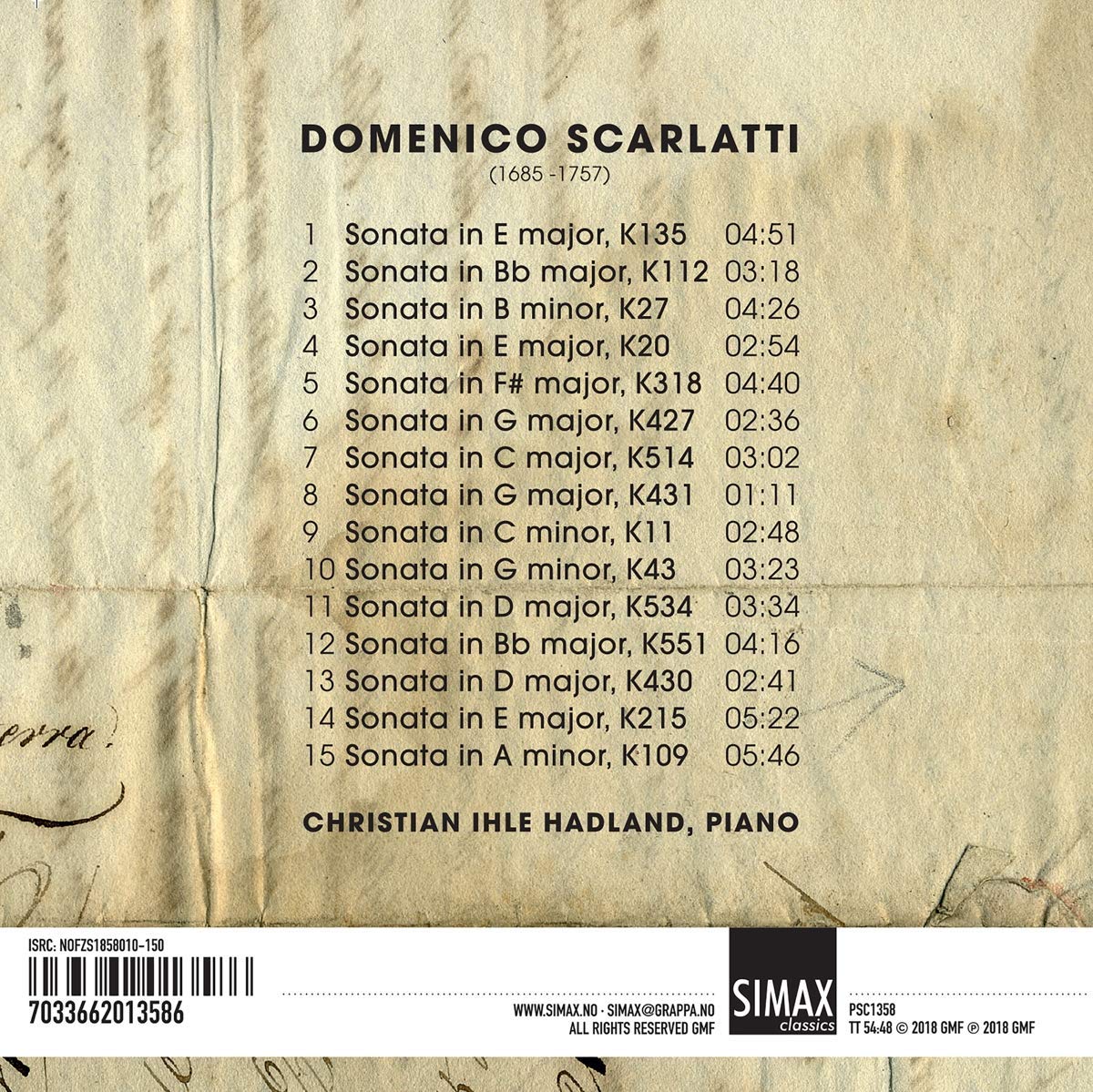 Christian Ihle Hadland 스카를라티: 15개의 피아노 소나타 (Scarlatti: Sonatas)