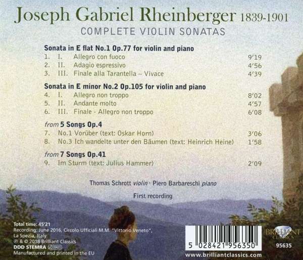 Thomas Schrott / Piero Barbareschi 라인베르거: 바이올린 소나타 전곡집 (Rheinberger: Complete Violin Sonatas)