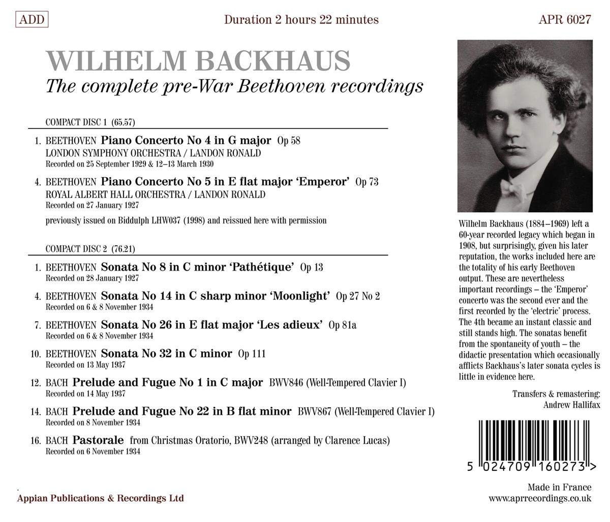 Wilhelm Backhaus 베토벤: 피아노 협주곡 4번, 5번, 비창, 월광, 고별 소나타 / 바흐: 전주곡, 파스토랄 