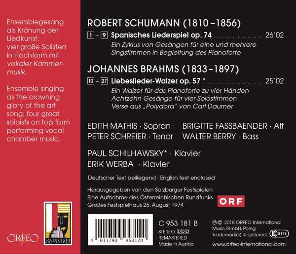 Edith Mathis / Brigitte Fassbaender 슈만: 스페인 연가곡 / 브라함: 사랑 노래 왈츠 (Schumann / Brahms: Vocal Quartets)