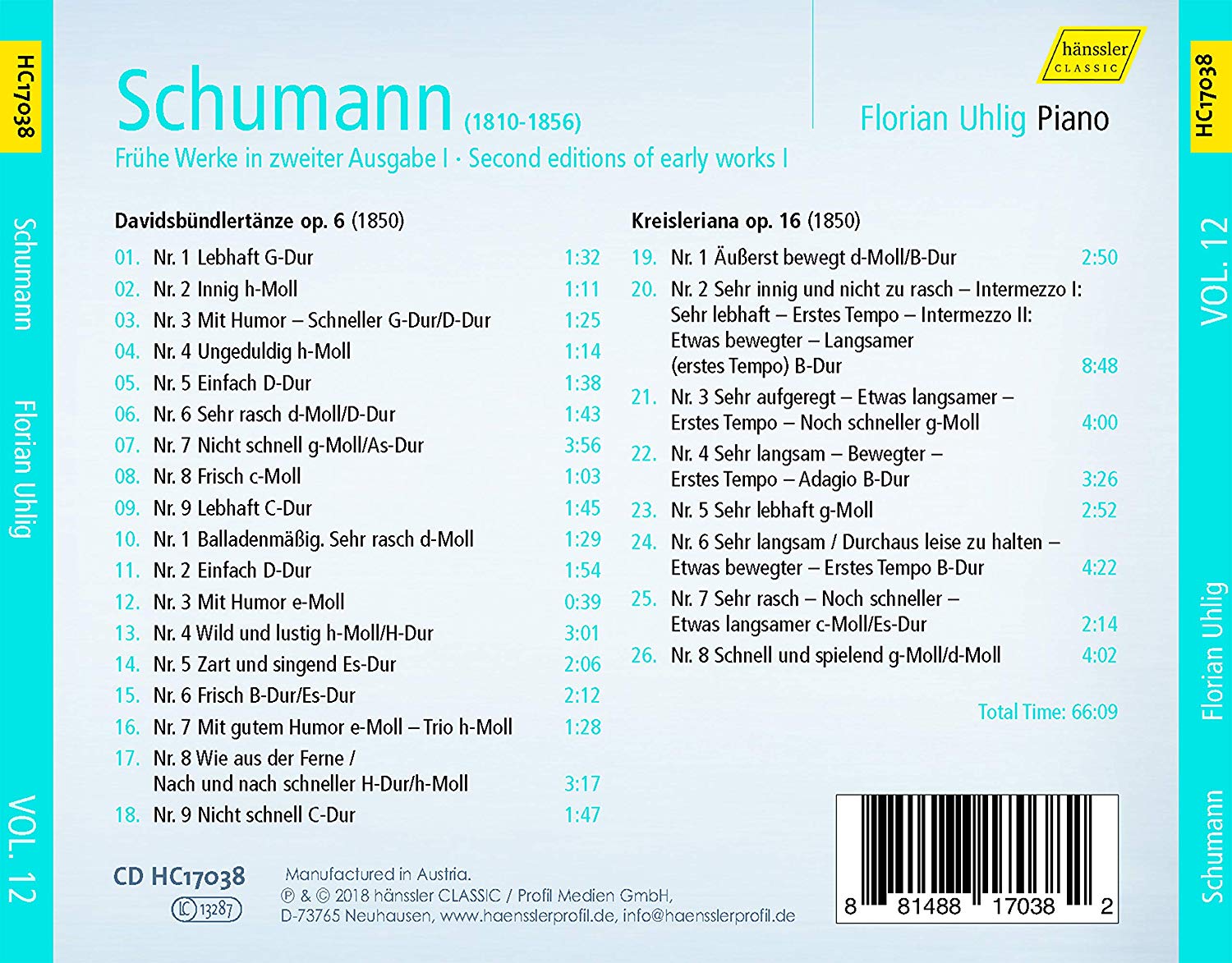 Florian Uhlig 슈만: 피아노 작품 전곡 12집 - 다비드 동맹 춤곡, 크라이슬레리아나 (Schumann: Piano Works Vol. 12)