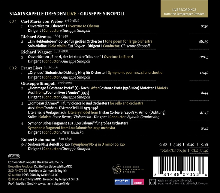 Giuseppe Sinopoli 슈만: 교향곡 4번 / 리스트: 오르페우스 / 바그너: 리엔치 서곡 / 슈트라우스: 영웅의 생애 외 (Weber / R. Strauss / Wagner / Liszt / Schumann) 주세페 시노폴리, 슈타츠카펠레 드레스덴