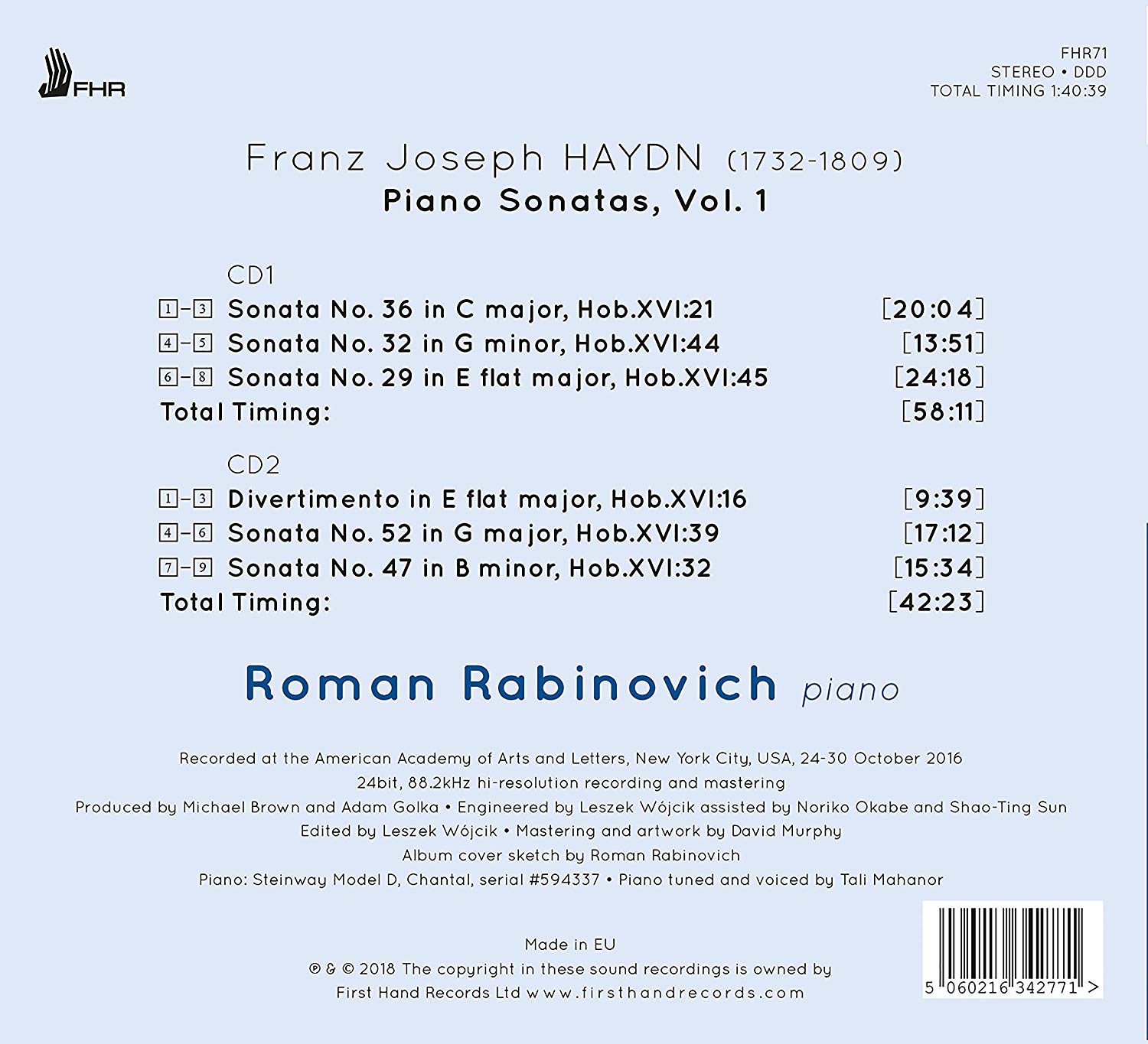 Roman Rabinovich 하이든: 피아노 소나타 1집 - 29, 32, 36, 47, 52번