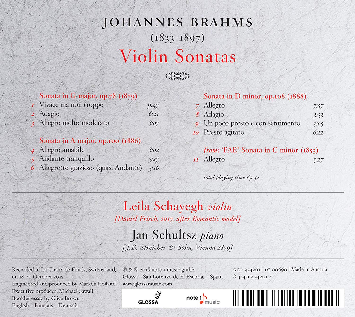 Leila Schayegh / Jan Schultsz 브람스: 바이올린 소나타 전곡 (Brahms: Violin Sonatas)