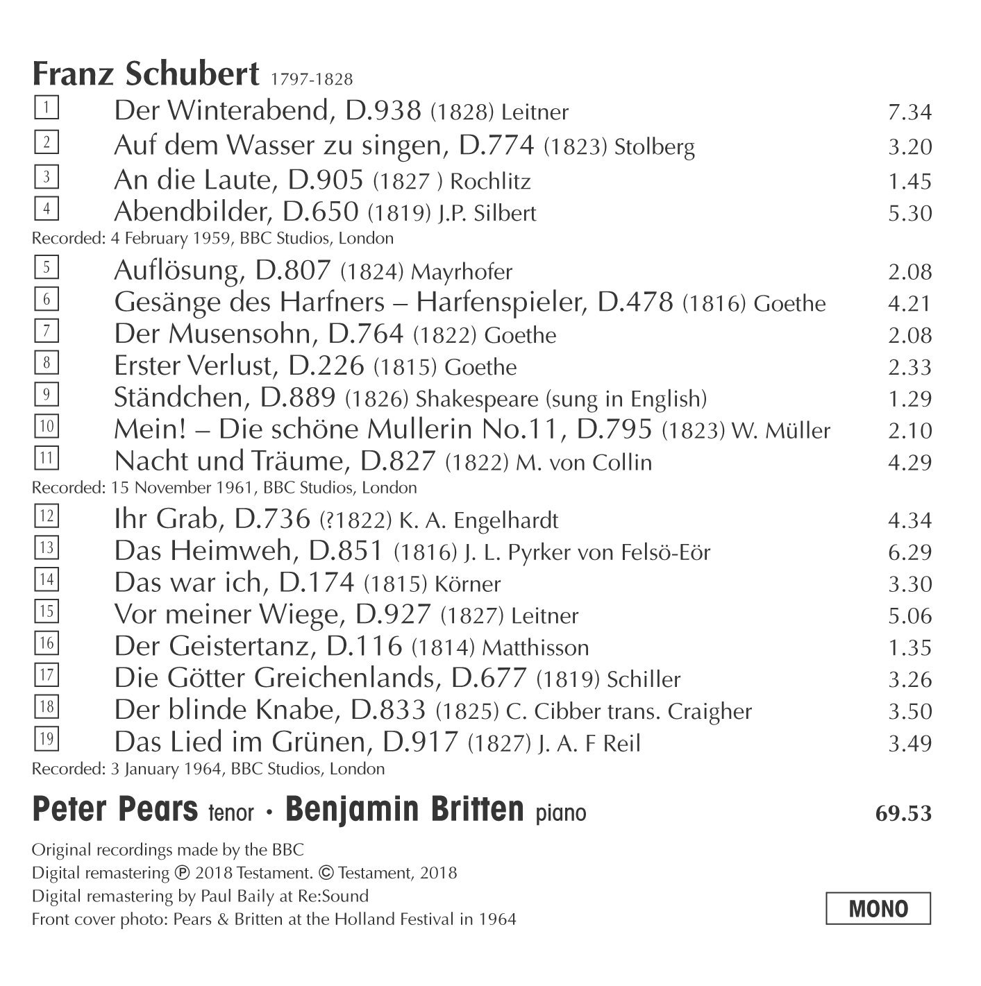 Peter Pears / Benjamin Britten 슈베르트 가곡 리사이틀 (Schubert: Lieder Recital)