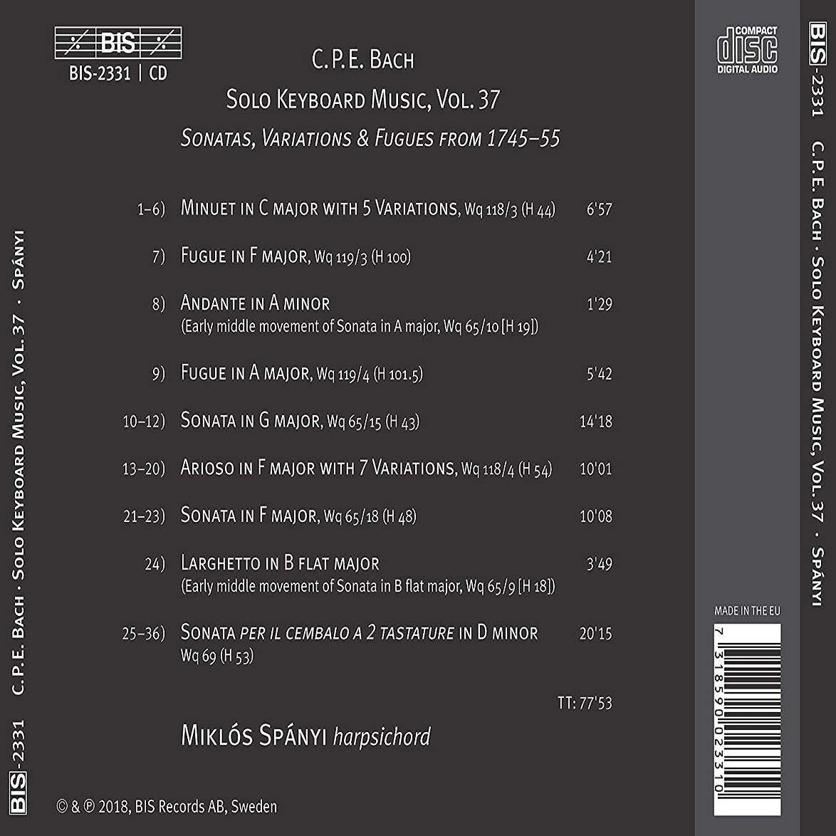 Miklos Spanyi 칼 필립 에마누엘 바흐: 솔로 키보드 음악 37집 (C.P.E. Bach: Solo Keyboard Music Vol.37)