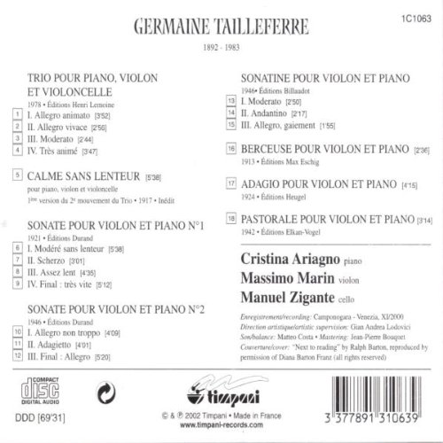 아리아그노 / 탈리아페로: 피아노와 바이올린을 위한 작품집 (Germaine Tailleferre: Works for Violin, Cello and Piano)