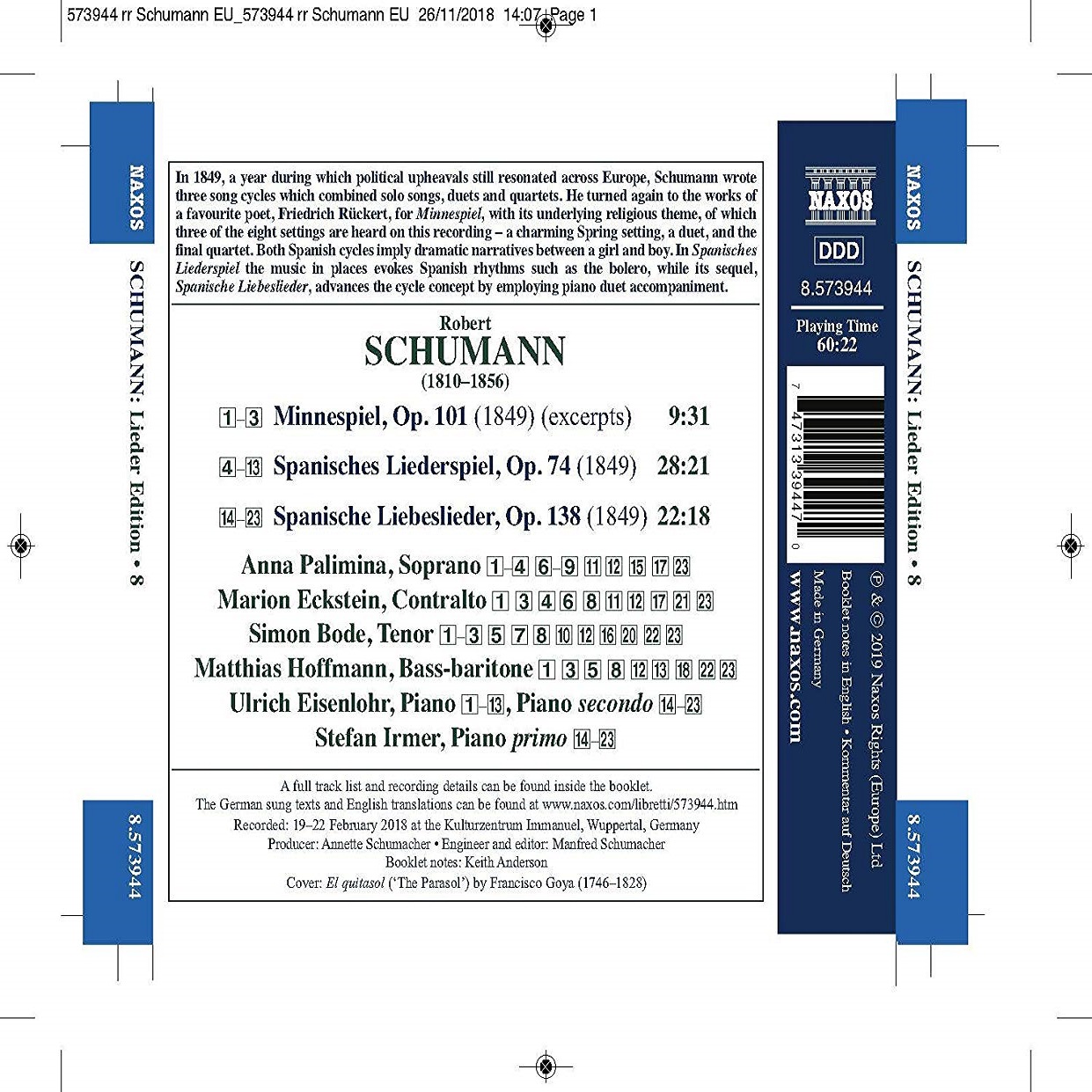 Anna Palimina 슈만: 두 개의 스페인 노래극, 미네슈필 (Schumann: Spanisches Lieder)