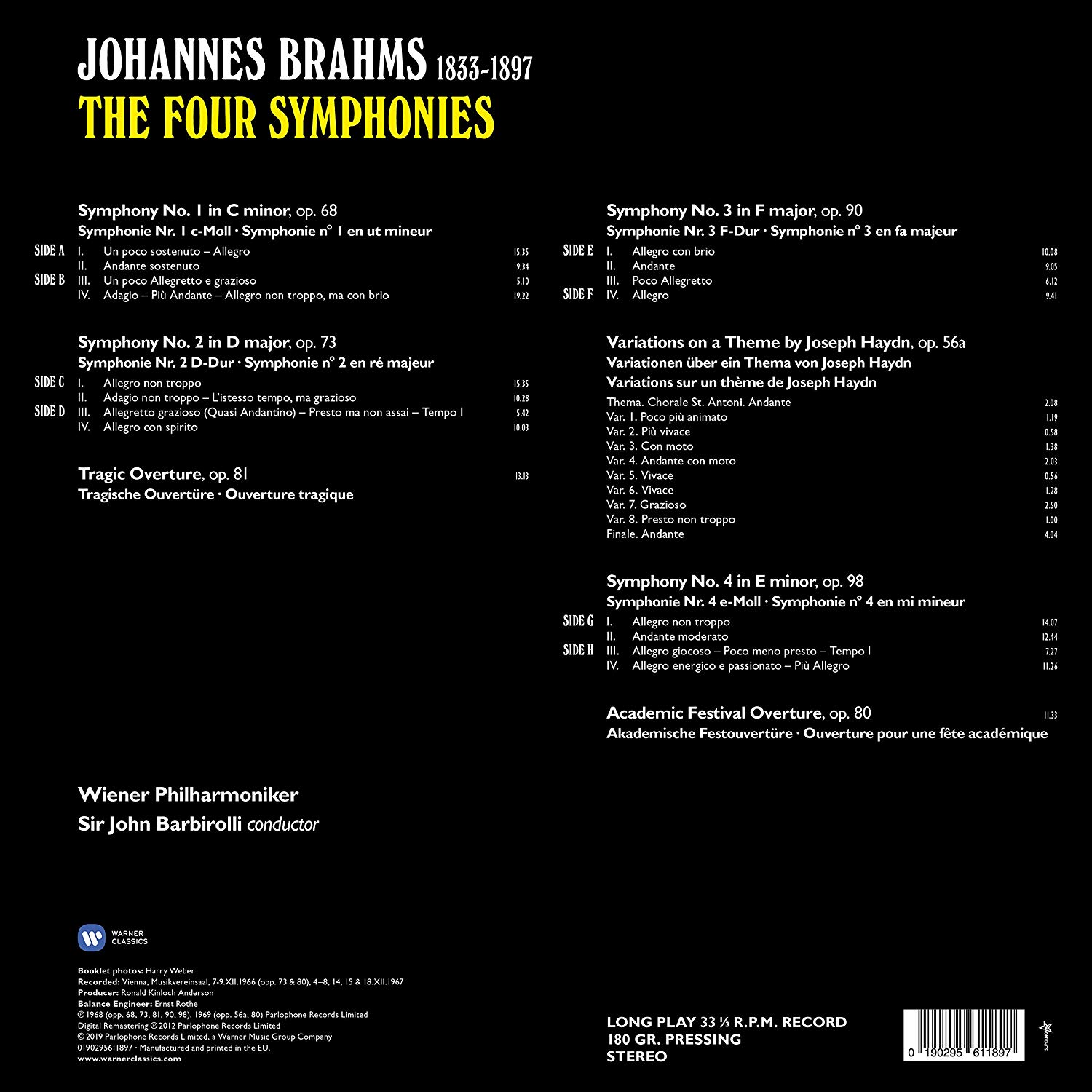 John Barbirolli 브람스: 교향곡 전곡 (Brahms: Four Symphonies) [4LP 박스세트]