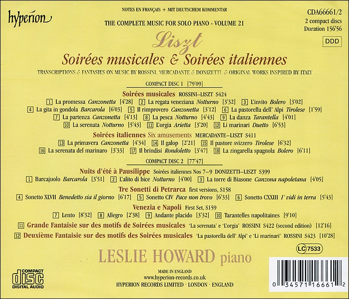 Leslie Howard 리스트: 음악의 야회, 이탈리아의 야회 (Liszt: Complete Music for Solo Piano 21)
