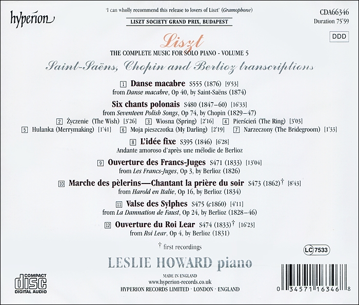 Leslie Howard 생상스 / 쇼팽 / 베를리오즈 / 리스트 피아노 편곡집 (Liszt Complete Music for Solo Piano 5)