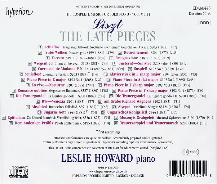Leslie Howard 리스트: 후기 피아노 작품집 (Liszt: Complete Music for Solo Piano 11)