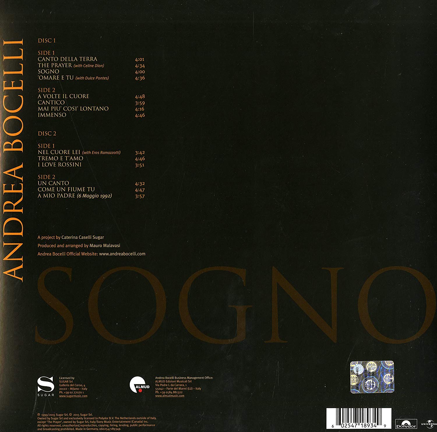 Andrea Bocelli 안드레아 보첼리 - 꿈 (Sogno) [2LP]