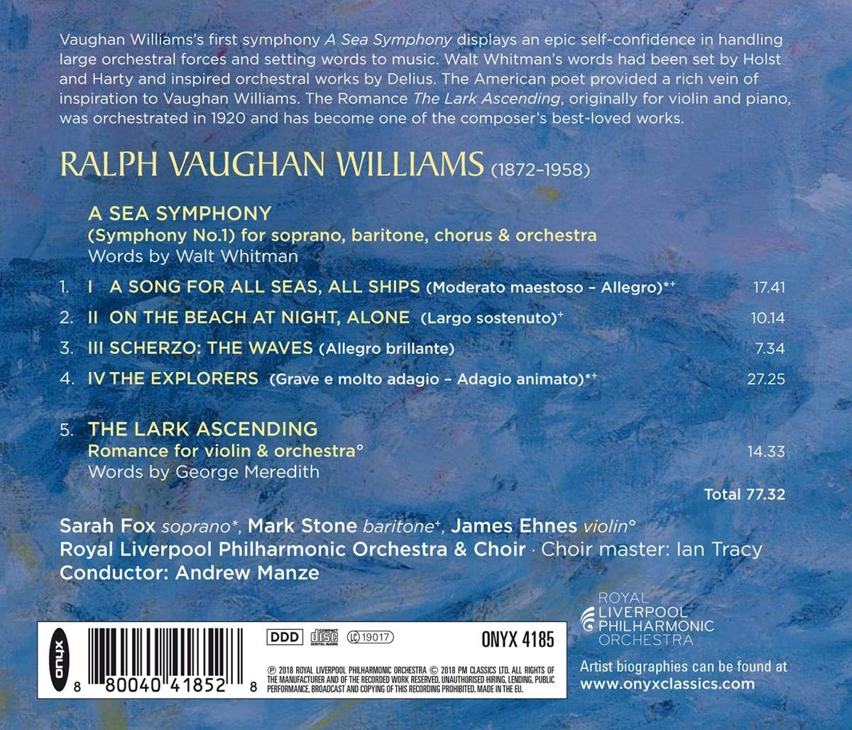 Andrew Manze 본 윌리엄스: 교향곡 4집 - 1번 '바다', '종달새의 비상' (Vaughan Williams: A Sea Symphony, The Lark Ascending)