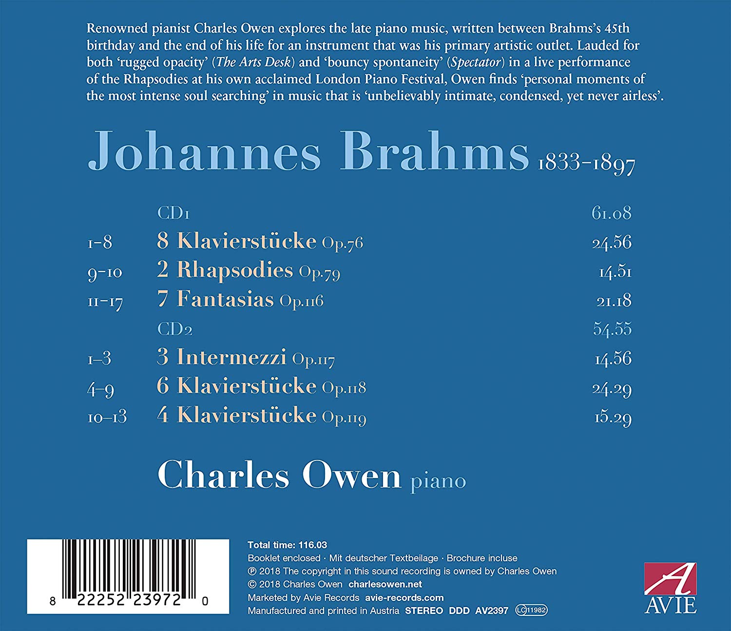 Charles Owen 브람스: 후기 피아노 작품집 (Brahms: Late Piano Music, Opp. 76, 79, 116-119)