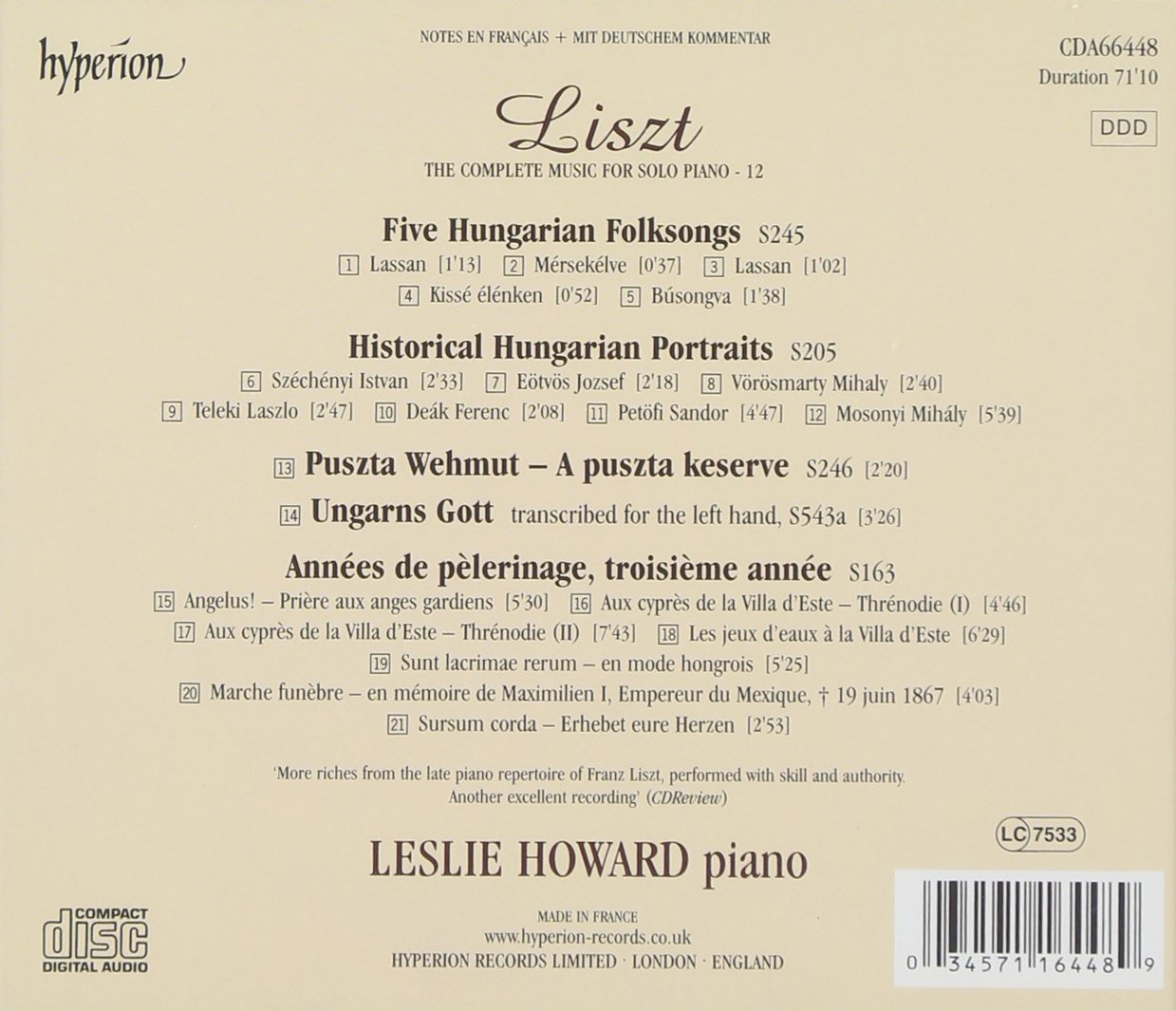 Leslie Howard 리스트: 순례의 해, 역사적 헝가리 작품집 (Liszt: Annee De Pelerinage, Historical Hungari)