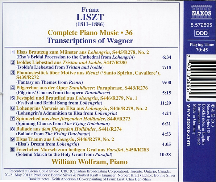 William Wolfram 리스트가 편곡한 바그너 - 로엔그린, 탄호이저, 파르지팔, 트리스탄 [피아노 독주집] (Liszt: Complete Piano Music Volume 36)