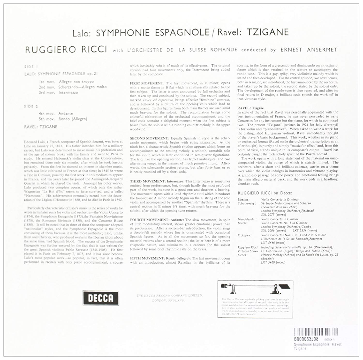 Ruggiero Ricci 랄로: 스페인 교향곡 / 라벨: 치간느 (Lalo: Symphonie espagnole) [LP]