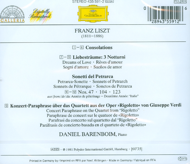 Daniel Barenboim 리스트: 위안, 사랑의 꿈, 리골레토 (Liszt: Liebestraume, Consolations, Sonetti di Petrarca)
