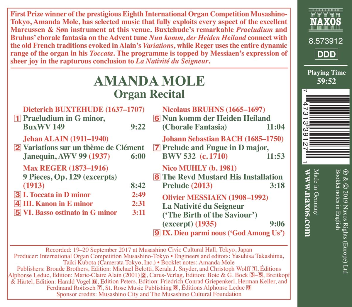 Amanda Mole 제8회 무사시노 국제 오르간 콩쿠르 우승 기념음반 (Organ Laureate)