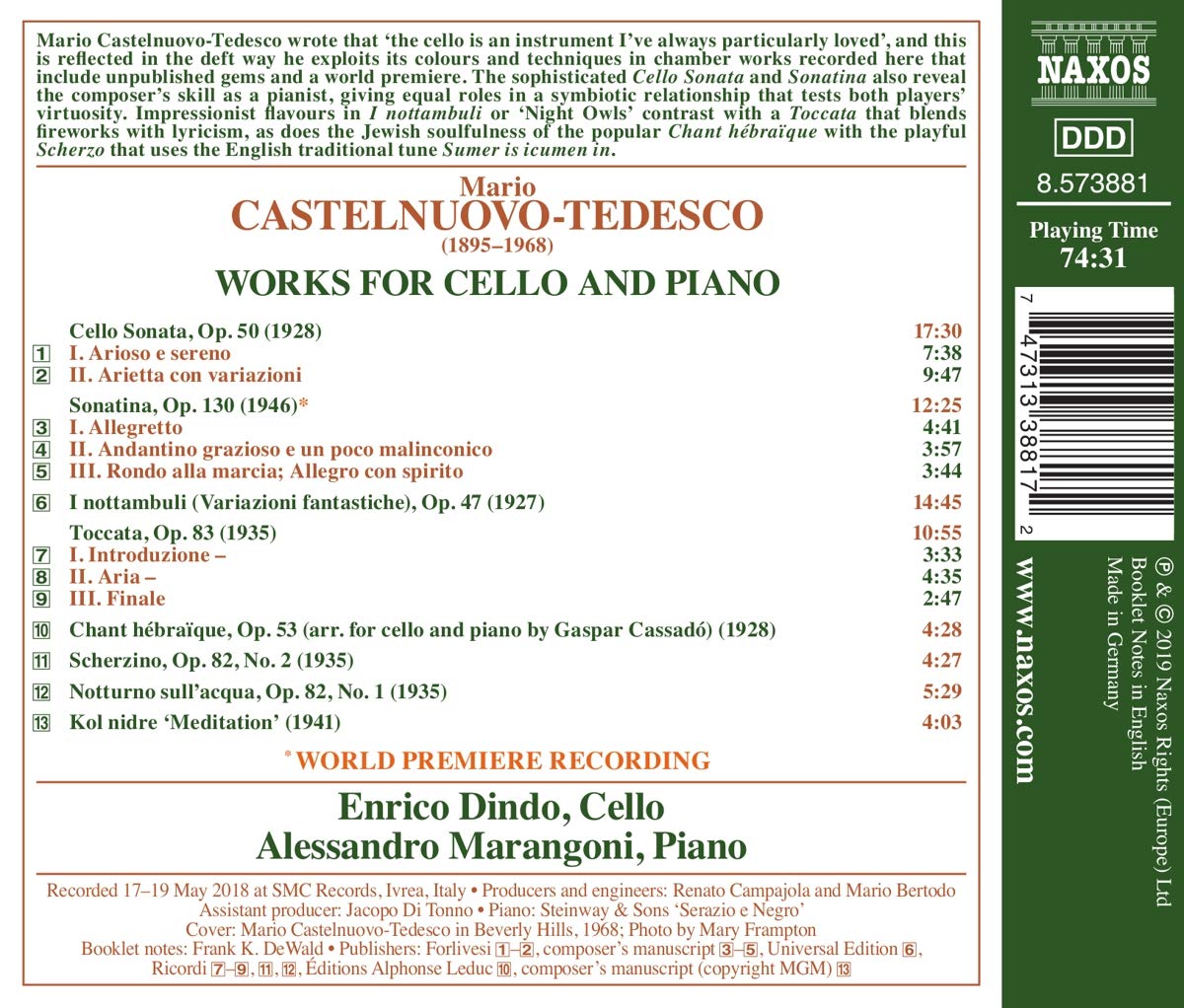 Enrico Dindo 카스텔누오보-테데스코: 첼로와 피아노를 위한 작품집 (Castelnuovo-Tedesco: Works For Cello and Piano)