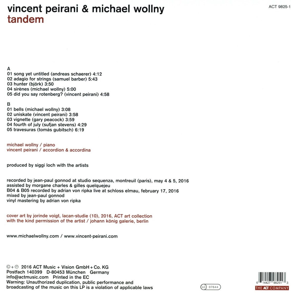 Michael Wollny & Vincent Peirani (미카엘 울니, 뱅상 빼라니) - Tandem (탠덤) [LP]
