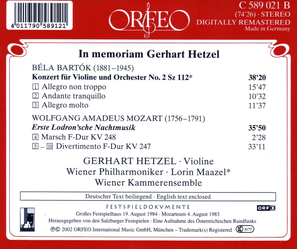 Gerhart Hetzel 바트록: 바이올린 협주곡 2번 / 모차르트: 디베르티멘토 (Bartok: Violin Concerto Sz 112 / Mozart: Divertimento)