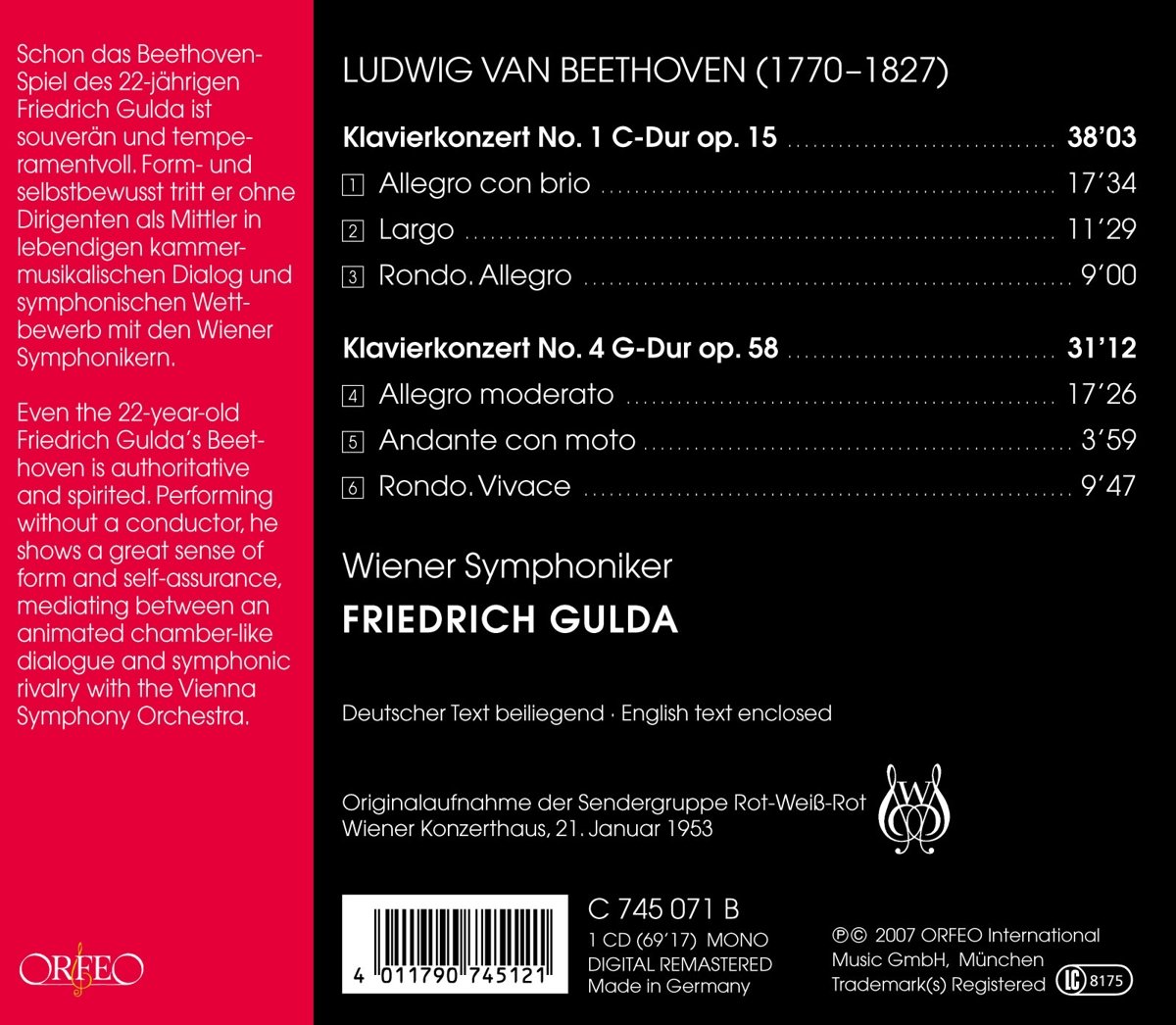 Friedrich Gulda 베토벤: 피아노 협주곡 1, 4번 (Beethoven: Piano Concertos Op. 15, 58)