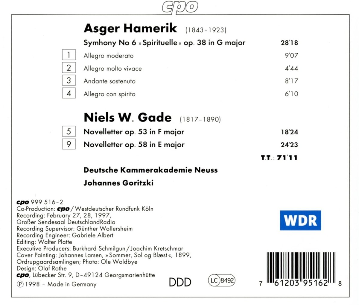 Johannes Goritzki 아스게르 하메릭: 교향곡 6번 / 닐스 가데: 노벨레터 (Hamerik: Symphony Op. 38 / Wilhelm: Novelettes)