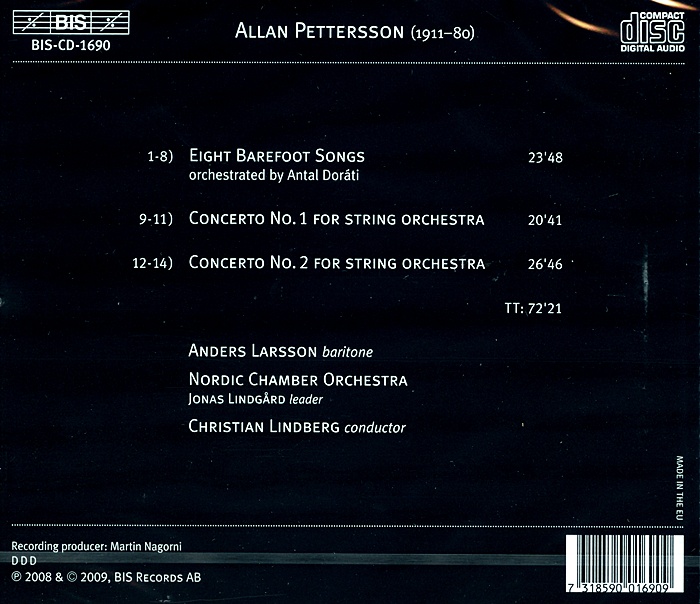 Christian Lindberg 알란 페테르손: 에이트 베어풋 송, 현악 오케스트라를 위한 협주곡 1, 2번 (Pettersson: Eight Barefoot Songs, Concerto for Strings)