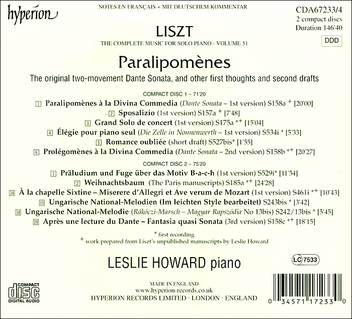 Leslie Howard 리스트: 보존 (Liszt: Paralipomenes)