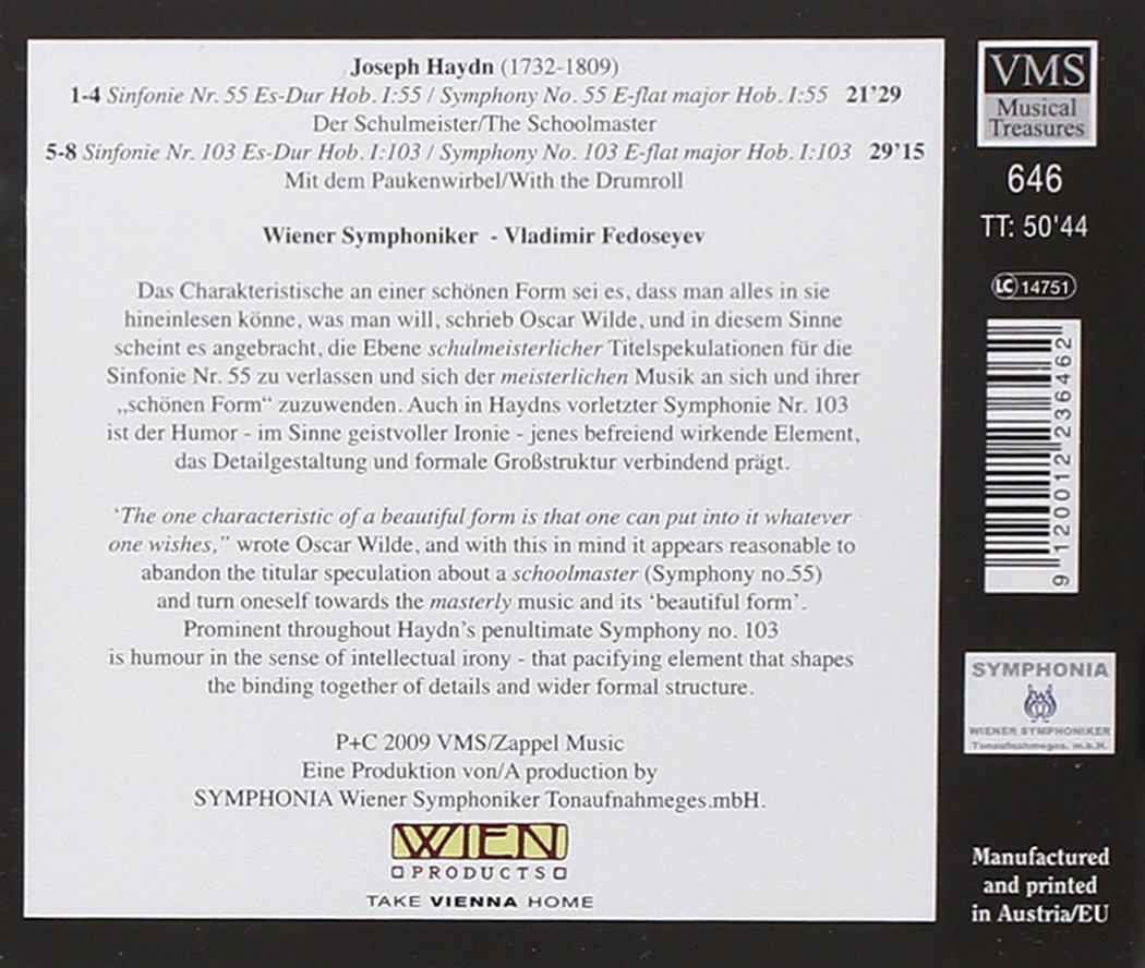 Vladimir Fedoseyev 하이든: 교향곡 55번 '교장 선생', 103번 '큰북 연타' (Symphony Hob. I:55, I:103)