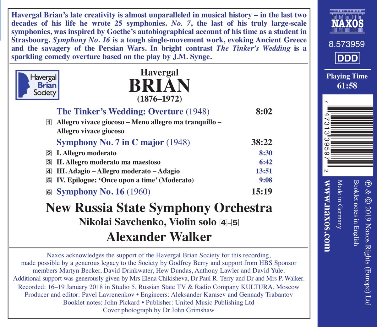 Alexander Walker 하버갈 브라이언: 교향곡 7, 16번, 땜장이의 결혼 서곡 (Havergal Brian: Symphonies, The Tinker's Wedding)