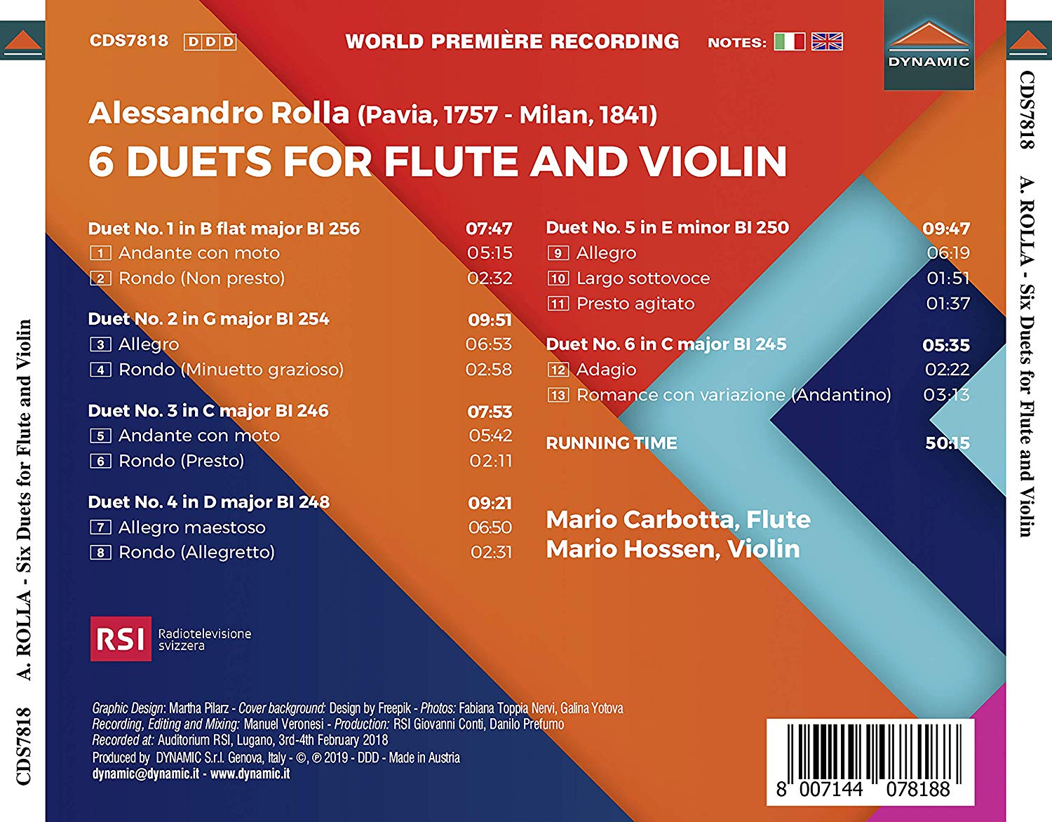 Mario Carbotta / Mario Hossen 알레산드로 롤라: 플루트와 바이올린을 위한 여섯 개의 이중주 (Alessandro Rolla: 6 Duets for Flute and Violin)